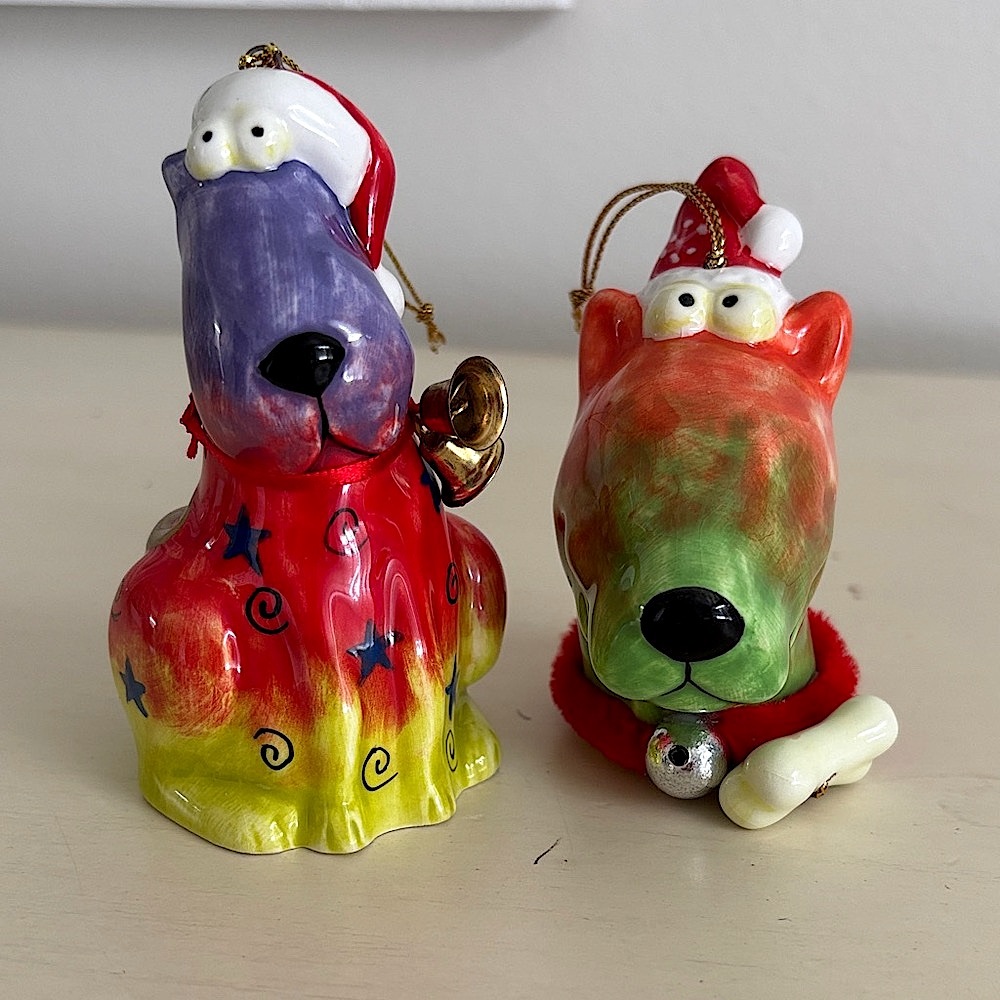 2 Ceramic Floppy Dog Christmas Ornaments
Santa Hat Bell Dog Bone Holiday Decor
